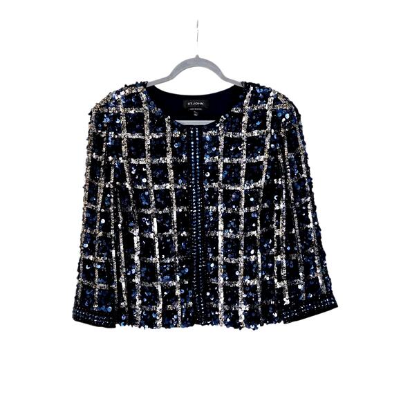 St. John Hand Beading Silk Sequin Rhinestone Navy Formal Evening Jacket, Large - Picture 1 of 14